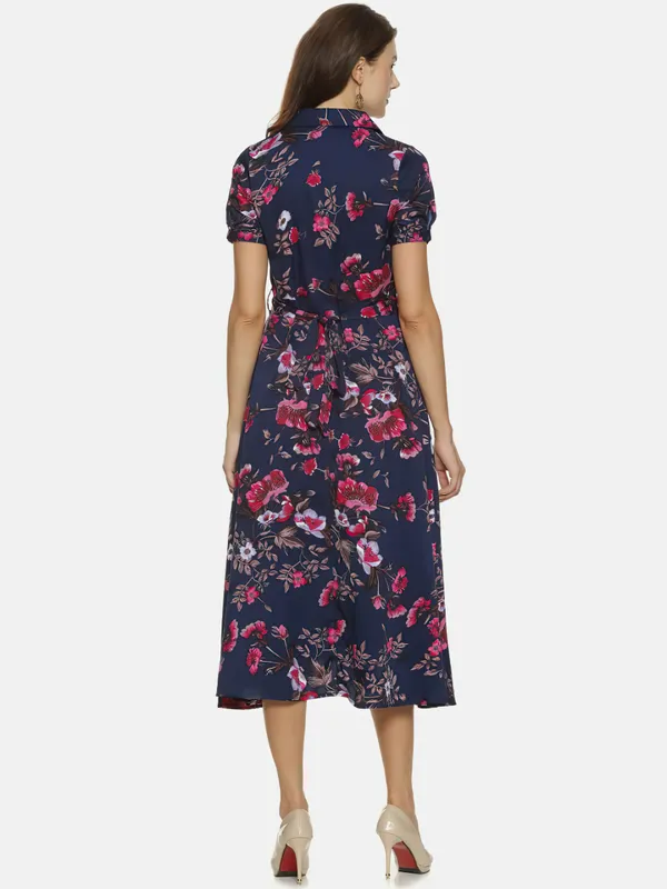Navy_Blue_&_Pink_Floral_Printed_Shirt_Collar,Puff_Sleeves_Maxi_Dress